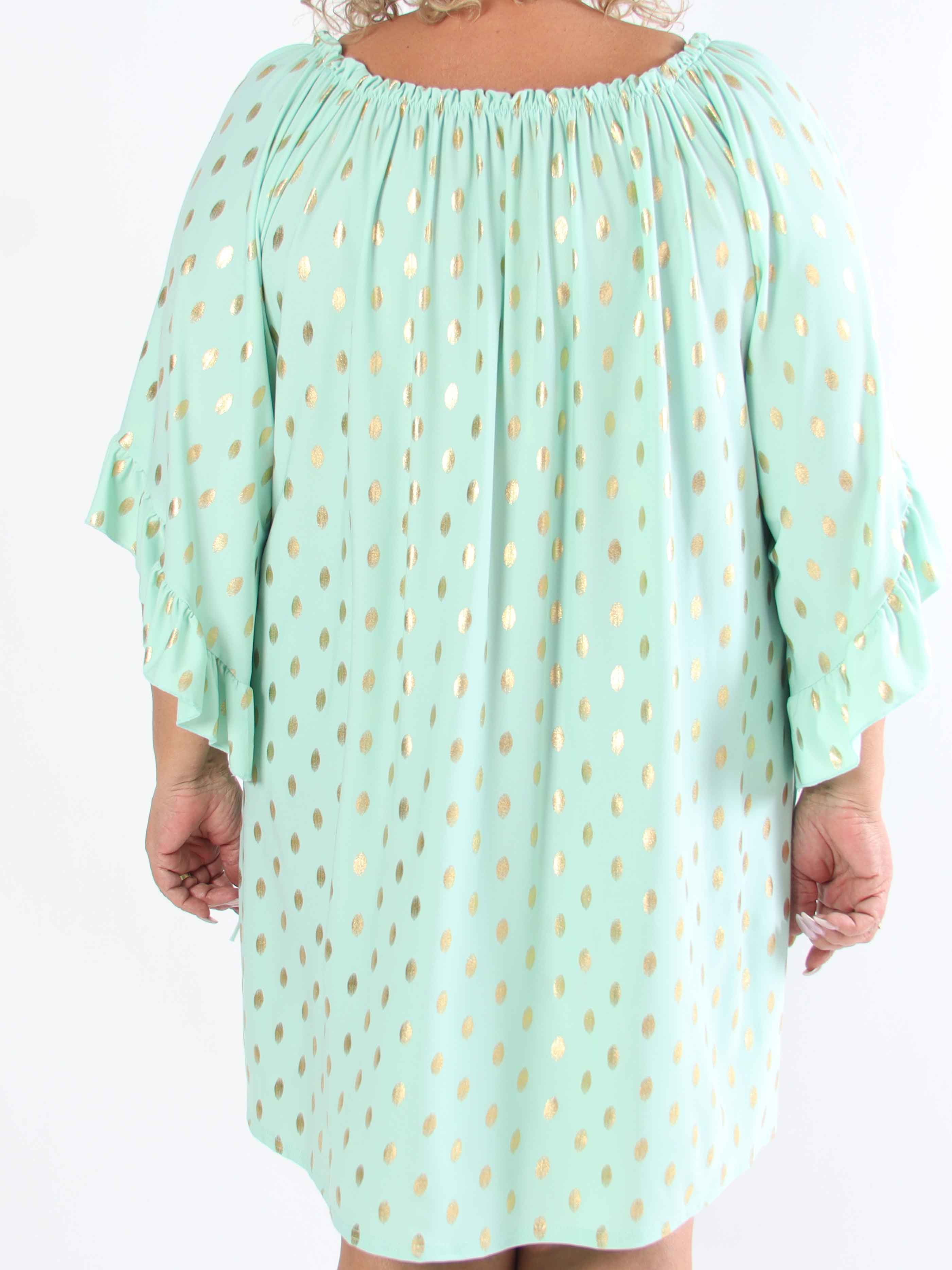 Yasma - Plus size tunikakjole med guld prikker og flæseærmer